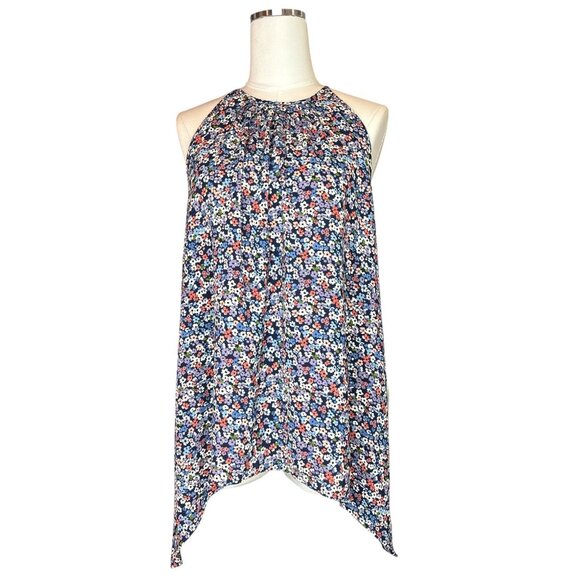 Michael Kors Sleeveless Floral Top Small Hanky Hem Blouse Navy Multicolor Spring - Picture 2 of 11